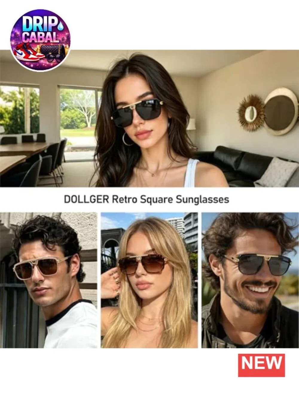 Oversized Square Sunglasses Retro Metal Frame UV400 Protection Unisex
